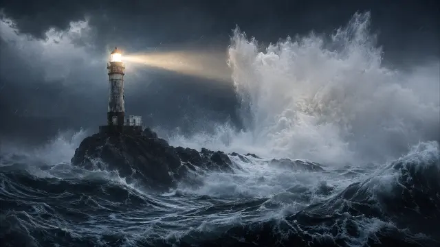Faro en tormenta marina dramática nocturna
