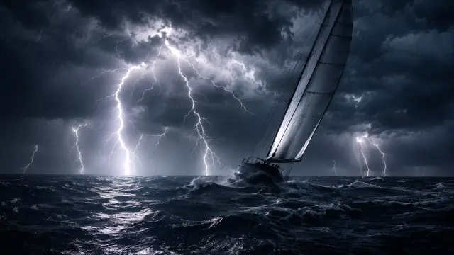 Yate en tormenta con relámpagos dramáticos