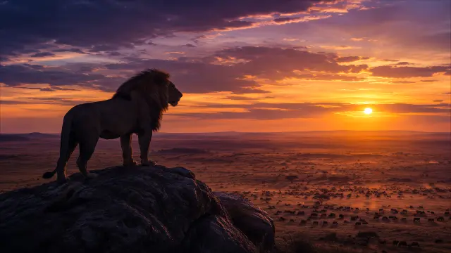 León rey sobre roca al atardecer salvaje