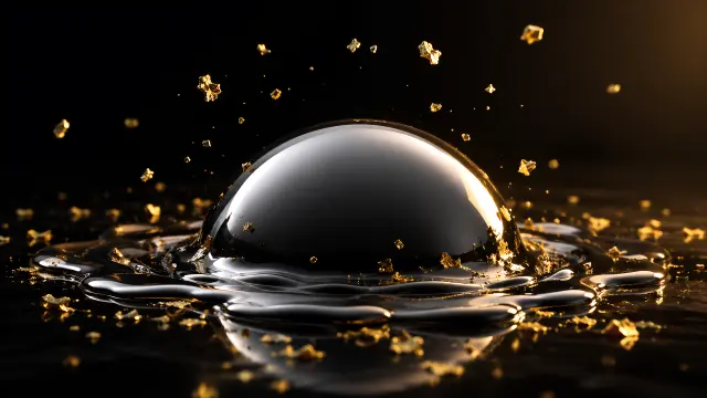 Gota de mercurio negra con fragmentos de oro flotando