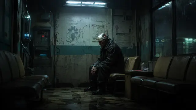 Hombre en el futuro distópico cyberpunk oscuro