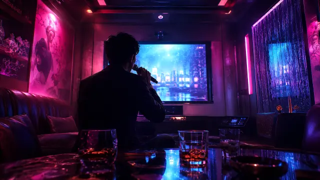 Hombre cantando en karaoke con luces neón y cócteles