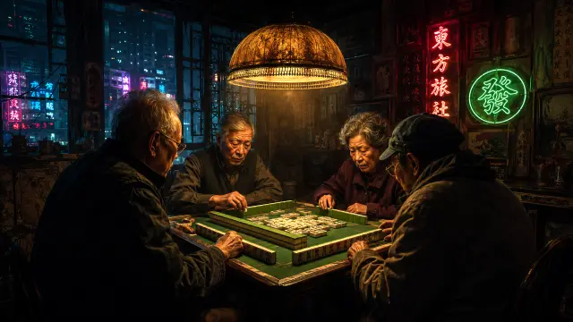 Abuelos jugando mahjong bajo neones nocturnos