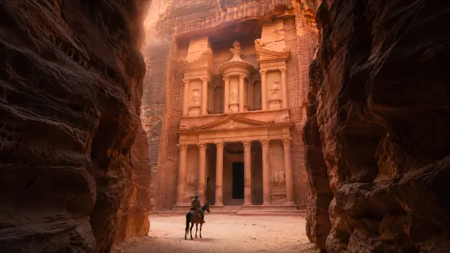 Monje en caballo frente al Templo del Tesoro de Petra