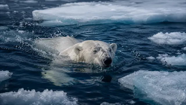 Oso polar nadando entre icebergs en el Ártico