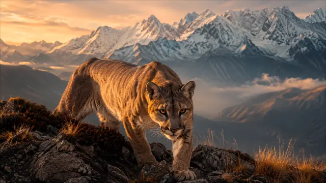 Gato de montaña al atardecer con cumbres nevadas