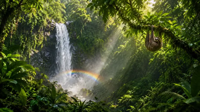 Cascada tropical con mapache y arcoiris al atardecer