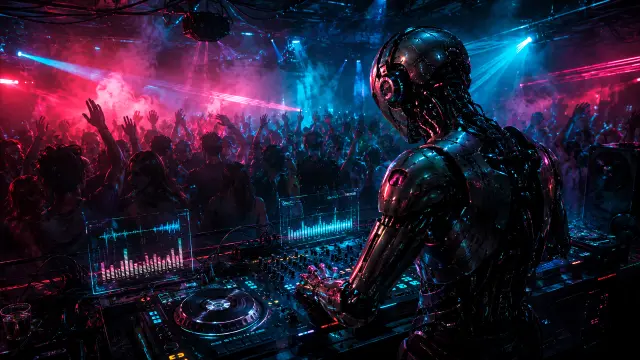 Robot DJ en club cyberpunk neón