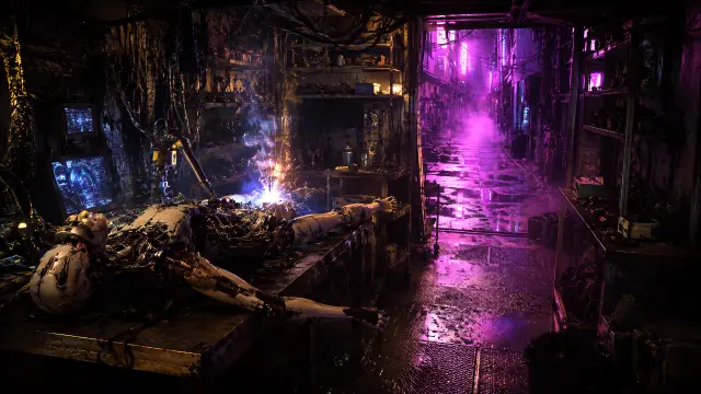 Robots en taller cyberpunk neón morado