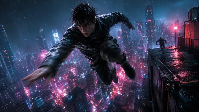 Hombre cayendo en lluvia sobre ciudad neón nocturna