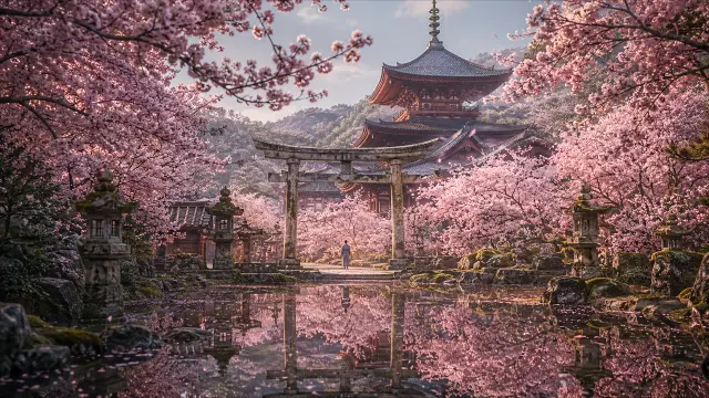 Templo japonés con sakura en flor