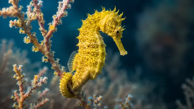 Caballito de mar amarillo entre corales en el océano