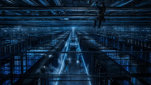 Mantenimiento en datacenter futurista azul oscuro
