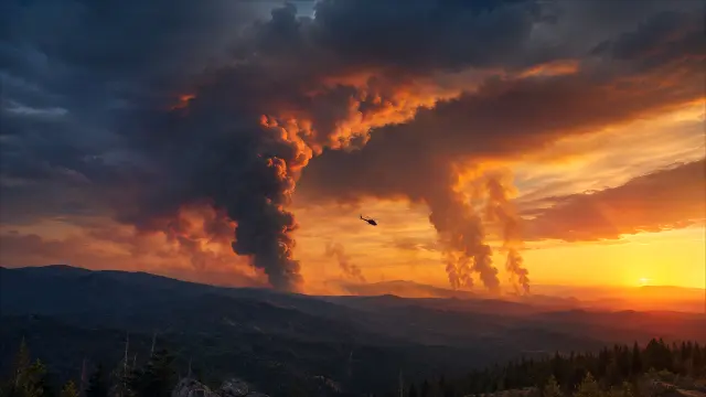 Helicóptero sobrevolando montañas con humo al atardecer