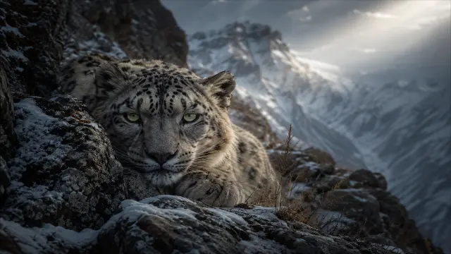 Leopardo en montañas nevadas al amanecer