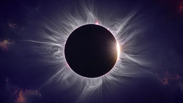 Eclipse solar con corona estelar dramática