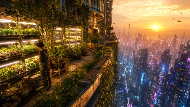 Jardín vertical en rascacielos futurista al atardecer