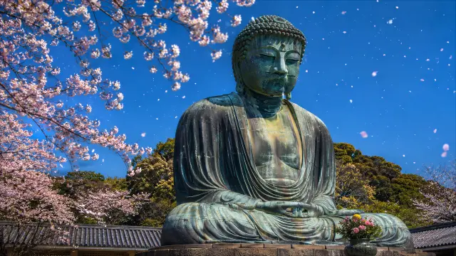 Budá con cerezos en flor bajo cielo azul