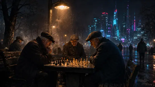Ancianos jugando ajedrez bajo la lluvia nocturna