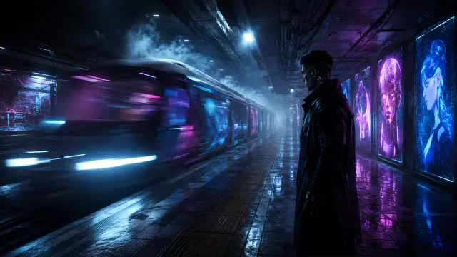 Hombre en andén con tren neón futurista