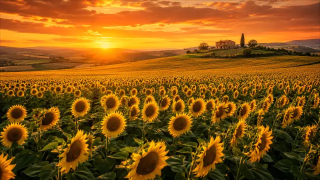 Campo de girasoles al atardecer en Toscana