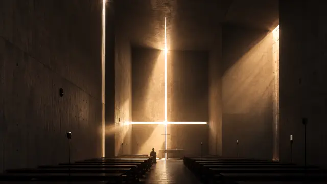 Interior de capilla moderna con luz en cruz