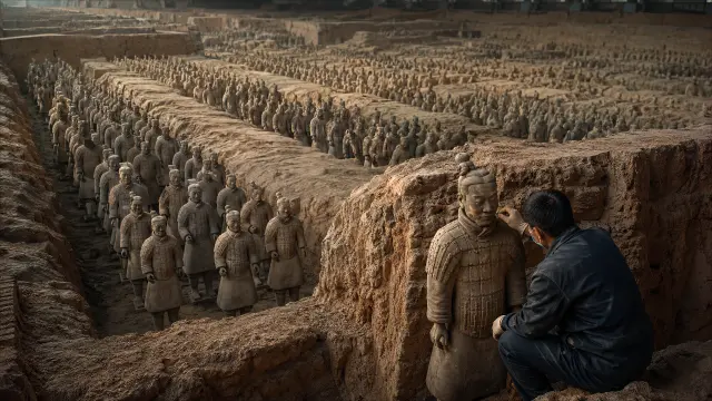 Arqueólogo restaurando soldado Terracota