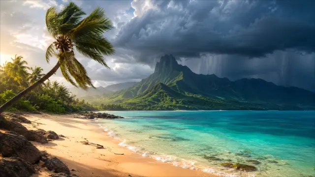Paisaje tropical con palmeras y montañas verdes
