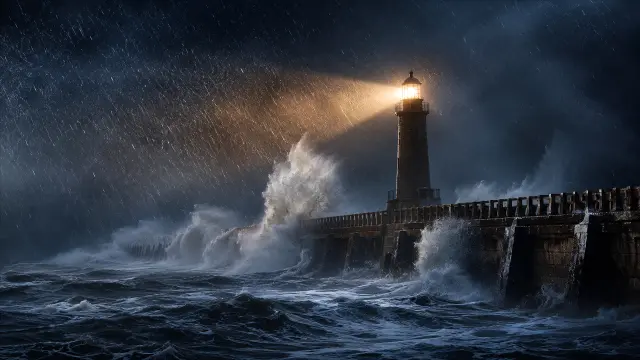 Faro en tormenta marina nocturna y lluvia