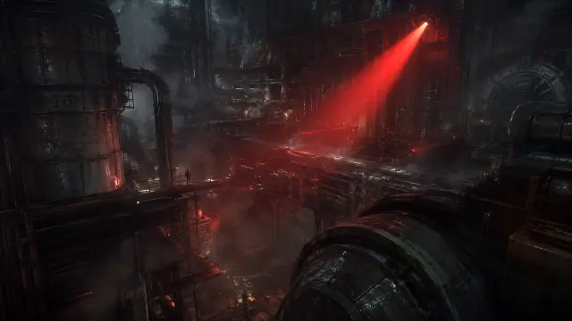 Interior oscuro de fábrica futurista con rayo rojo