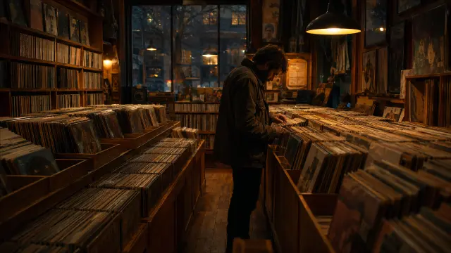 Hombre buscando discos en tienda vintage oscura