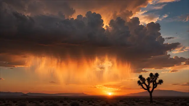 Atardecer dramático con árbol en desierto al atardecer
