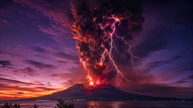 Volcán con relámpagos al atardecer dramático