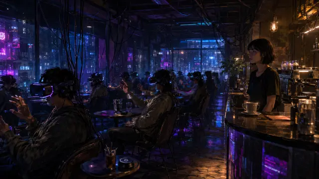 Interior cyberpunk con clientes en realidad virtual
