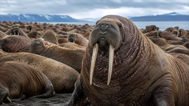 Gran manada de morsas en la playa