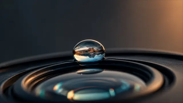 Gota de agua con paisaje reflejado en cristal negro y dorado al atardecer