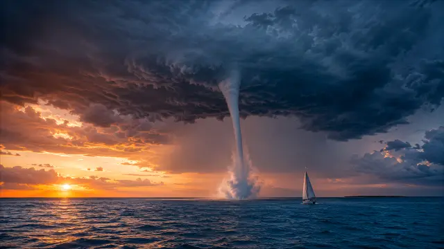 Tormenta marina con barco al atardecer