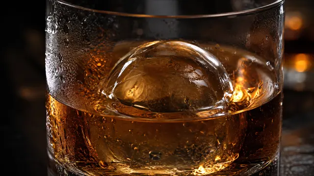 Copa de whisky con hielo y condensación en primer plano