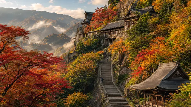 Templo japonés entre hojas de otoño y montañas neblinosas