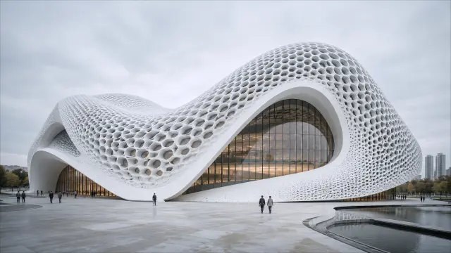 Edificio futurista blanco con fachada perforada y curva orgánica