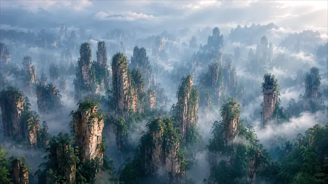 Paisaje de montañas flotantes en la bruma
