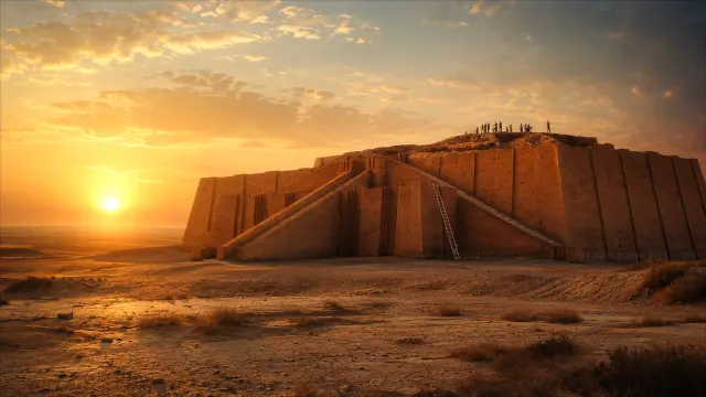 Ziggurat de Ur al atardecer dorado en desierto